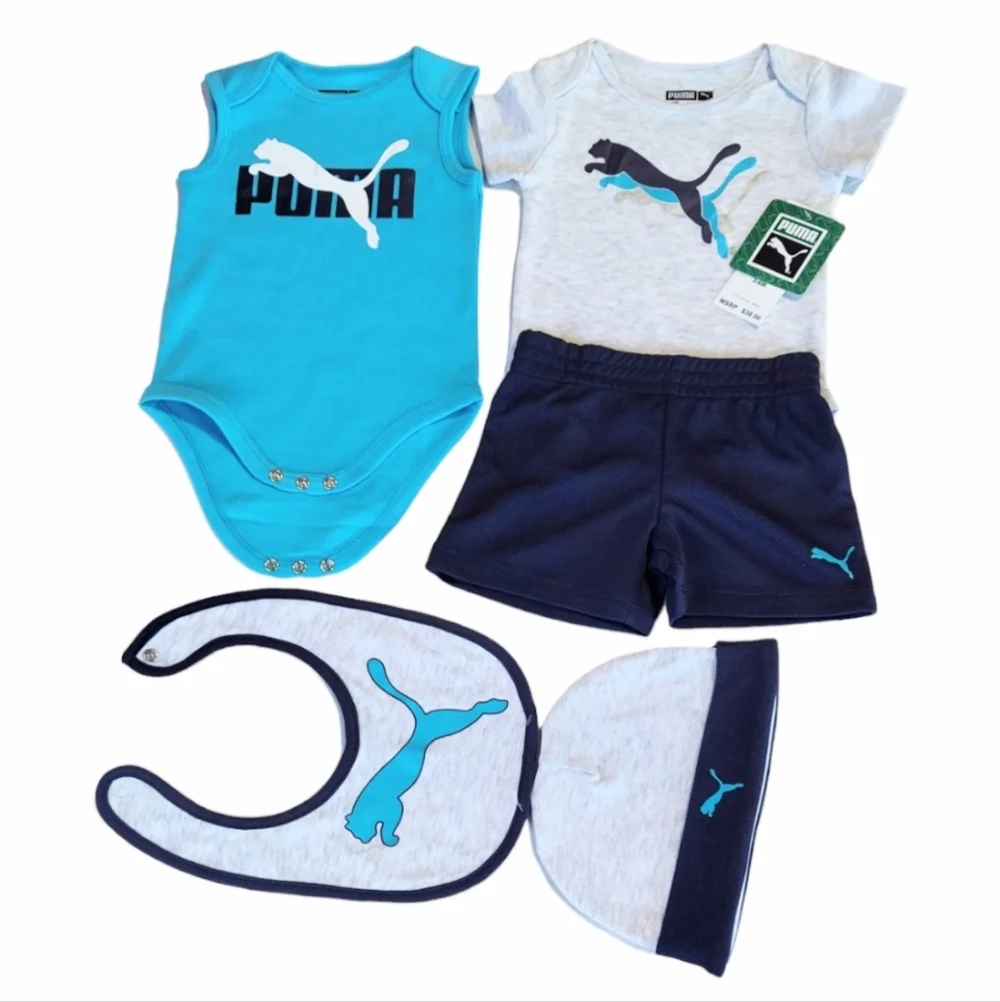 Puma Baby Boys Bodysuit Short Sleeves 3-6 Months Shorts Beanie Bib 5-piece Set
